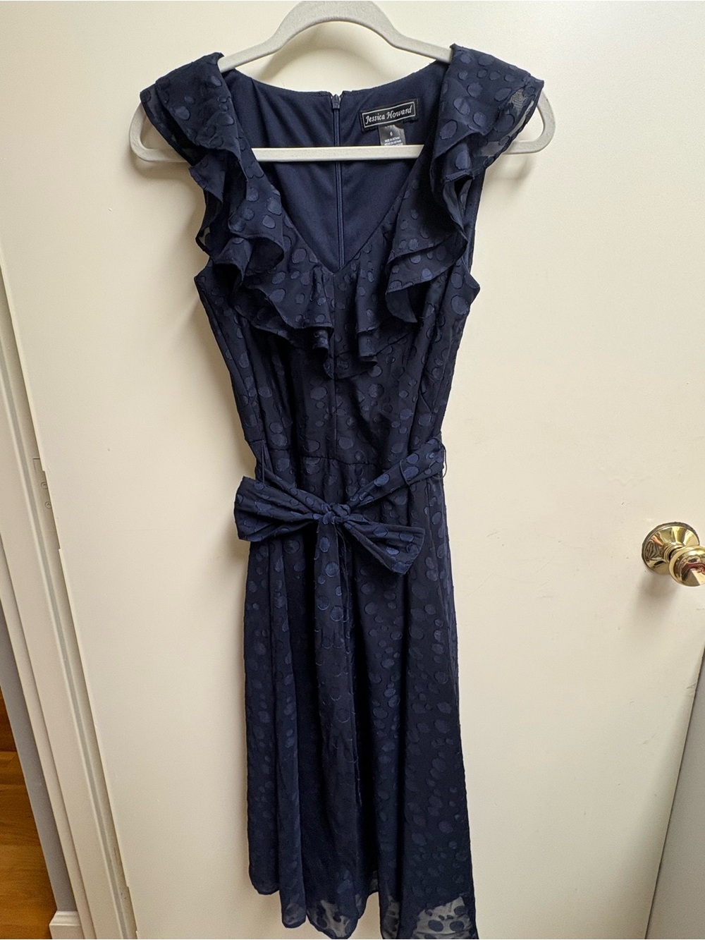 🇺🇸 Elegant Jessica Howard Navy Ruffle Tie-Waist Midi Dress - Picture 3 of 16